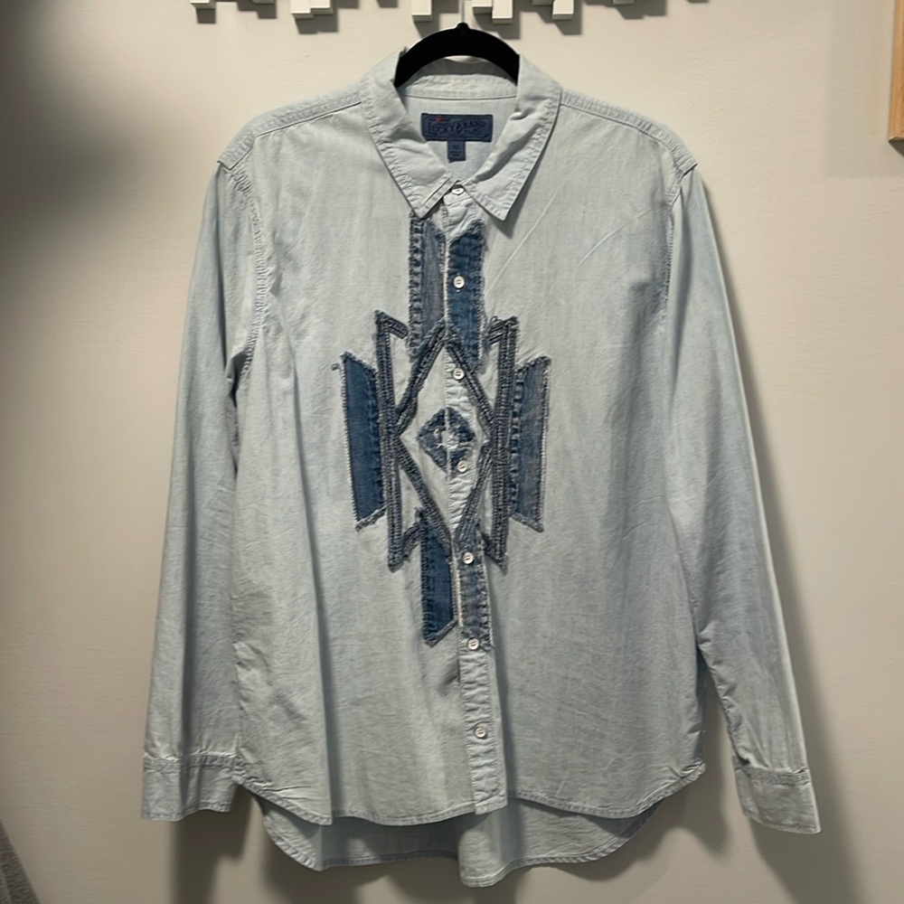 Lightweight denim shirt with distressed southwest design size XL.